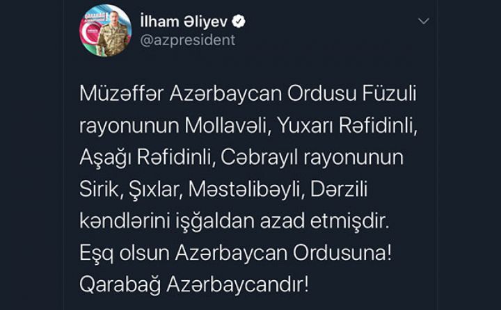 Füzuli və Cəbrayılın daha 7 kəndi işğaldan azad olunub