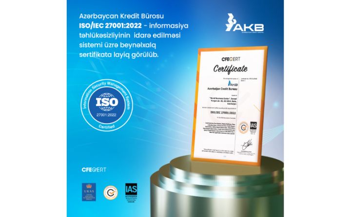 “Azərbaycan Kredit Bürosu” İnformasiya Təhlükəsizliyi İdarəetmə Sistemi üzrə beynəlxalq sertifikatı əldə edib