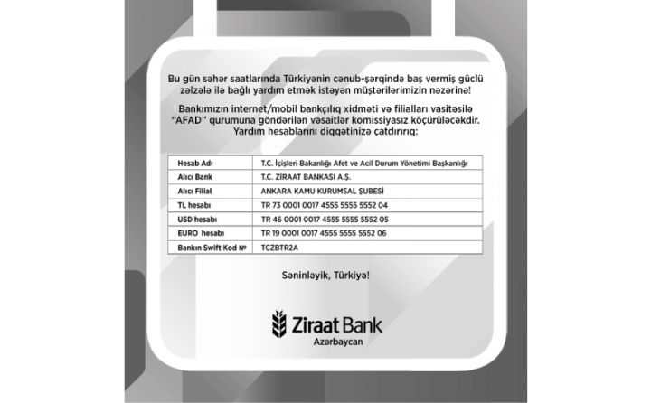 Türkiyədəki güclü zəlzələ ilə bağlı yardım etmək istəyən vətəndaşlarımızın nəzərinə!